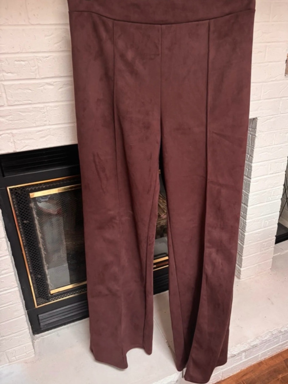 High-Rise Wide-Leg Pants in Deep Burgundy Faux Suede